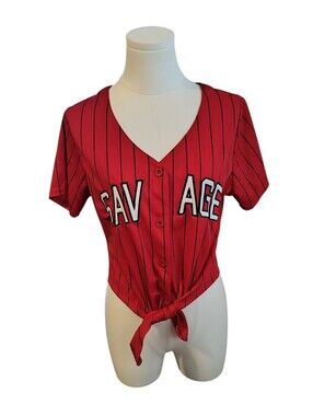 Red Fox Savage Red Black White Striped Tie Front Streetwear Jersey Size Large